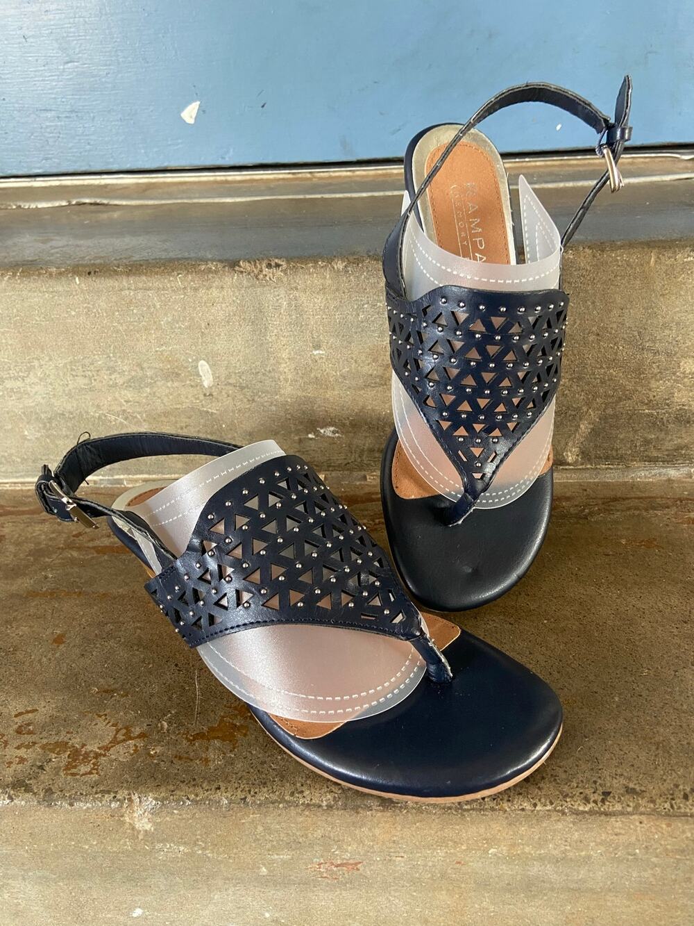 Rampage navy blue perforated upper thong sandal with low wedge and back strap